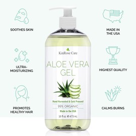 KinRose Care, 16oz Organic Aloe Vera Gel for Face, Skin, Hair & Sunburn Relief - From 100 Percent Pure Aloe Vera - Cold Pressed, Vegan, Unscented - Made in USA.