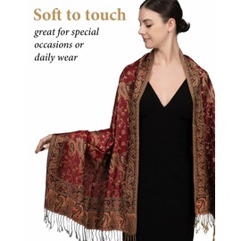 Achillea Soft Silky Reversible Paisley Pashmina Shawl Wrap Scarf w/Fringes (Burgundy)