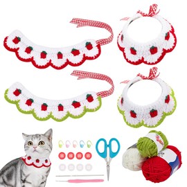 FREEBLOSS Set of 4 Crochet Set for Cat Collars, DIY Crochet Set for Strawberry Pet Scarf, Crochet Set for Beginners with Video Instructions, Knitting and Crochet Accessories, Handmade Pet Scarf