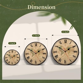TAHEAT 20 cm Globe World Map Wall Clock, Small Vintage Country House Style Clock, No Ticking Noise, Retro Wall Clocks for Kitchen, Living Room, Bedroom, Bathroom