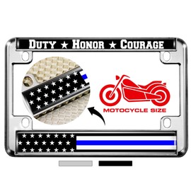 Motorcycle Metal License Plate Frame with Duty Honor Courage Thin Blue Line (Stripe) USA FLAG Design - Chrome