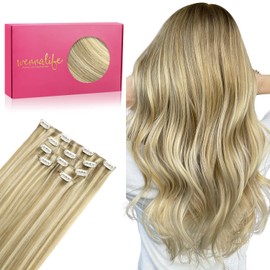 WENNALIFE Clip-In Real Hair Extensions, 75 g, 5 Pieces, 40 cm, Light Blonde, Highlights, Golden Blonde Extensions, Clip-In Extensions, Natural Hair Extensions, Real Hair