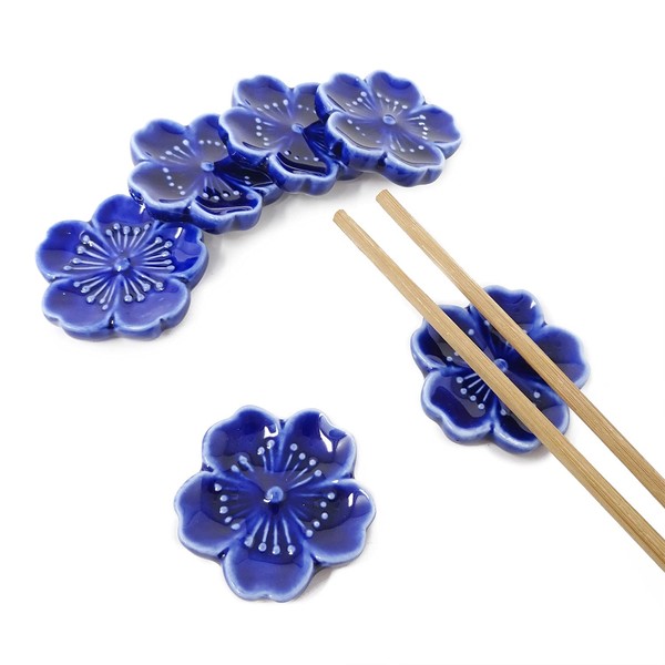 Honbay 6PCS Elegant Cherry Blossom Ceramic Chopsticks Rest Rack Stand Holder for Chopsticks, Forks, Spoons, Knives, Paint Brushes (blue)