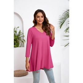 ENMAIN Womens Tunic Plus Size 3/4 Sleeve Tops to Wear with Leggings Loose Fit Dressy Blouse Casual Flowy Swing Round Neck Long Shirts Hot Pink