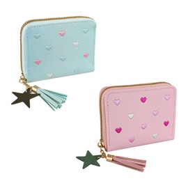 WisePoint Ladies Purse Wallet, PU Leather Purse with Card Slots and Compartments, Solid Color Wallet with Embroidery Heart Pattern and Zipper, Lady Credit Card Holder with Star Pendant (Pink+Blue)