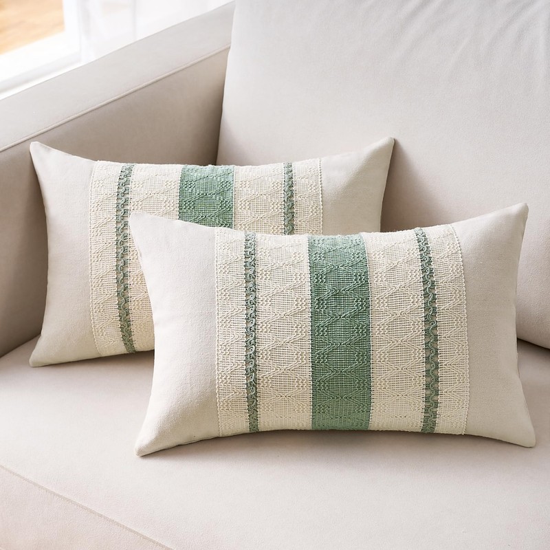 Cushion Covers Sage Green Boho Striped Geometric Decorative Cotton Pillowcases