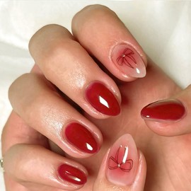 Wine Red Press on Nails Short Almond Valentine's Day Press on Nails with Bow Tie Designs Bow Nails Rhinestone Acrylic Nails Full Cover Cute Fake Nails Short Glue on Stick on Nails for Women 24PCS