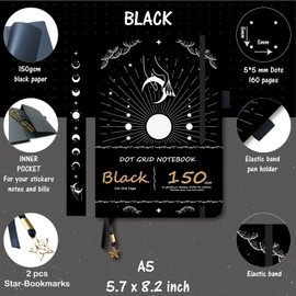 BUKE Dotted Journal - 150gsm Black Paper - 5 * 5mm DOT GRID Layout 160 Pages - A5 Size PU Leather Hardcover Drawing Sketch Notebook (Black)