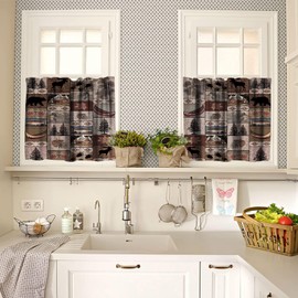 SHElifestyle Retro Rustic Style Curtain Set, Vintage Moose Deer Bear Leaf Tree Country Style Farmhouse Cottage Cabin Window Valances and Tier Set for Kitchen Living Room Café Décor