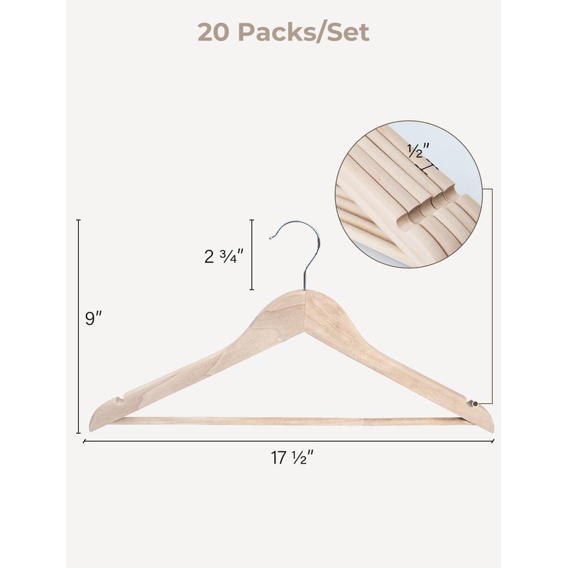 StorageWorks Clothes Hanger 20 Pack, Wooden Coat Hangers for Shirts,