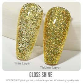 YOKE FELLOW Glitter Gel Nail Polish, Gold Holographic Sparkle Glitter Soak Off LED Gel Nail Lamp Cured for Lady Gifts 10ML