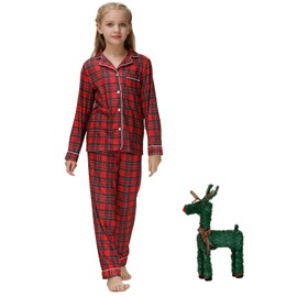 Veseacky Matching Family Christmas Pajamas Set Long Sleeve Red Buffalo Plaid Pijamas for Children 11-12 Years