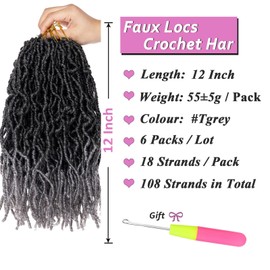 Samtress Faux Locs Crochet Hair Soft Locs 12 Inch Goddess Locs Crochet Hair 6 Packs Ombre Grey Pre-looped New Faux Locs Crochet Braids Synthetic Curly Soft Locs Braiding Hair for Women (#Tgrey)