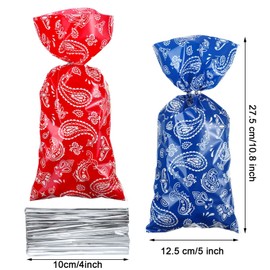 Sumind 100 Pieces Western Cowboy Theme Goodie Bags Plastic Party Favor Bandana Cellophane Candy Bags Treat Gift Bag Red Blue Packaging with 100 Silver Twist Ties for Cowboy Birthday Party Supplies