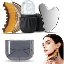 3PCS Kit de Skincare, con GuaSha Acero Inoxidable, Cepillo Facial y Rodillo de Hielo para Contorno, Drenaje Linfático, Desinflamar y Piel Firme, Rutina de Skincare Completa para Rostro y Cuello