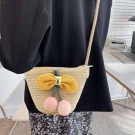 JAHEMU Girls' Bags Flowers Straw Bag with Zip Shoulder Bag Floral Woven Handbag Kids Mini Beach Bag for Holiday Travel Outdoor Activities