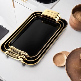 Aayoruro Serving Tray with Handles Set of 3 Rectangular Large Serving Platters 16.5/14.9/13.2 Inch White Plates for Dinner, Party, Entertaining, Black Gold