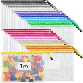 JARLINK 28 Pcs A4 Mesh Zipper Pouch, Waterproof Letter Size Zipper Bags, 14 Colors, Puzzle Bag with Label Pocket for School, Office Supplies, Cosmetics, Travel Storage and Home Organize