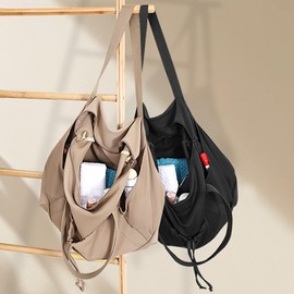 Vomgomfom 33L Soft Neoprene Tote Bag for Women with Zipper, Foldable Shoulder Bag With Trolley Sleeve, Overnight Bag for Travel, Work, Shopping,Khaki