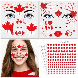 DPKOW Canada Day Face Tattoos, 4pcs Canada Day Temporary Tattoos Maple Leaves Stickers with Red Silver Face Gems for Accessories
