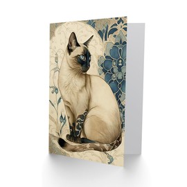 Artery8 Siamese Cat with Blue Flower Pattern Modern Art Nouveau Watercolour Illustration Art Birthday Sealed Greeting Card Plus Envelope Blank inside