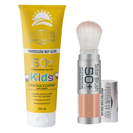 Fotosun UV 100 Protector Solar Facial en Polvo con Brocha + Bloqueador Solar en Crema 50+ FPS Protección UVA UVB Kit de Uso Diario paro Todo Tipo de Piel (Solar Brush + Kids 125ml)