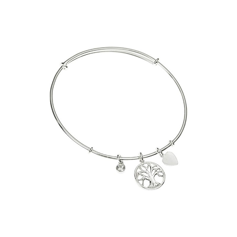 Sterling Silver Cubic Zirconia Love Family Tree Dangle Charm Bangle