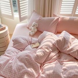 Nayoroom Gingham Duvet Cover King Size Pink White Plaid Checkered Comforter Cover 3 Pcs Soft Breathable Washed Microfiber Grid Farmhouse Bedding Set with Pillow Shams