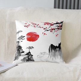 Japanese Ukiyoe Cherry Blossoms Red Sun Pillow Cover - Sofa Cushion With Zipper 50x50cm - Exotic Ink Japanese Style Decorative Couch Cover for Bed Garden