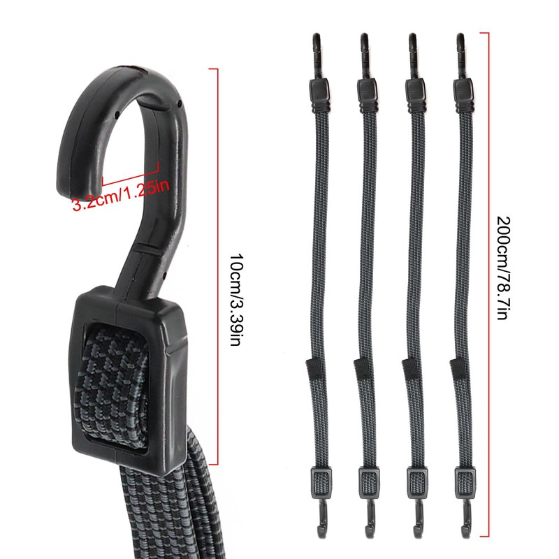 4Pack 100cm Black Bungee Cords with Hooks