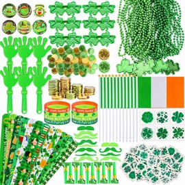 Thuodo 238 PCS St. Patrick’s Day Party Favors Bulk Green Shamrock Accessories with Glasses Bracelets Flags Coins Saint Patrick’s Day Decorations for Parade Party