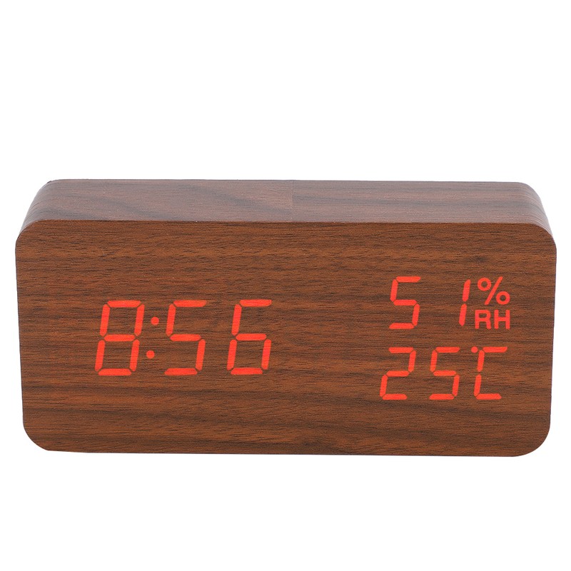 Wooden Alarm Clock LED Voice Control Desk Rectangular Brown Wood