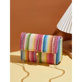 Disparatte Umhängetasche für Damen, aus Bast, geflochten, mehrfarbig, gestreift, elegant, lässig, mit goldener Kette und schicker Quaste, Schultertasche, Party, Reisen, Geschenk