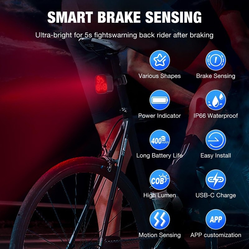 NAACOO Smart Bike Tail Light with Custom LED Patterns (Heart/Smile/Bear/Bike),