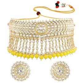 I Jewels Womens 18K Gold Plated Indian Wedding Bollywood Kundan & Pearl Studded Choker Necklace Jewellery Set (K7210Y) Yellow