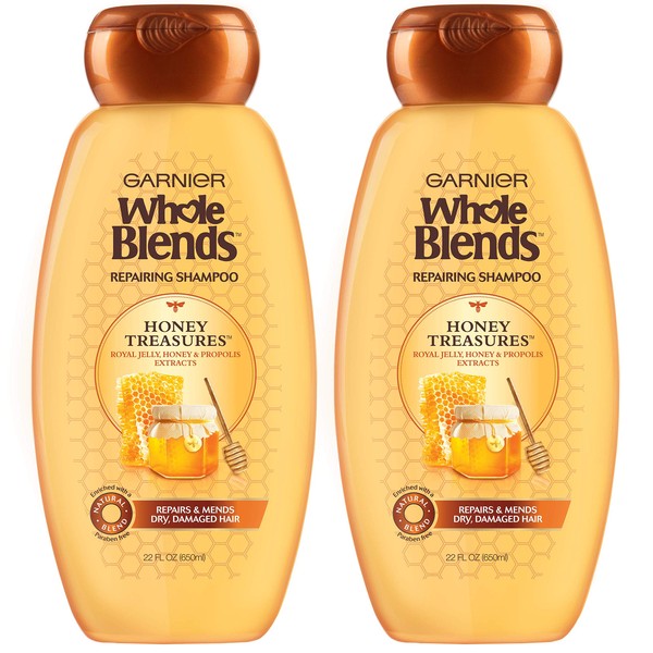 Garnier Whole Blends Honey Treasures Repairing Shampoo for Dry Damaged Hair, 22 Fl Oz (Pack of 2)