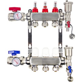 3 Loop Radiant Manifold-1/2” and 3/4“ Compatible Outlets, for Hydronic Radiant Floor Heating (1/2" connectors included)