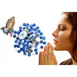 Kuesn Amethyst Catholic Rosary Necklace 6mm Purple Pearl Beads Rose Flower Cross Religious Necklace (Sapphire Blue)