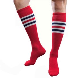 COUVER Unisex Knee High Sport Socks, Cardinal with White/Navy/Red Stripes Style, Large, 1 Pair