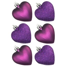 Davies 6 Pack 50mm Glitter / Plain Hearts Christmas Decoration - Purple