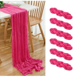 6 Pack Hot Pink 10Ft Cheesecloth Table Runner 21x120 Inch Boho Wrinkled Sheer Romantic Gauze Decor for Wedding, Bridal Shower, Birthday Party