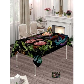 silichee Polyester Tablecloth Modern Fashion 60X84 Inch Embroidery Flowers Peonies Pattern Classical Embroidery Asian Tablecloth for Picnic Birthday BBQ Party Wedding