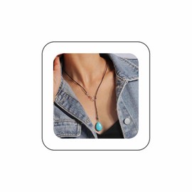 Cimenexe Bohemian Turquoise Leather Y Lariat Necklace Blue Turquoise Stone Pendant Necklace Black Wax Rope Turquoise Choker Necklace Leather Cord Circle Y Necklace Jewellery for Women and Girls Gifts,