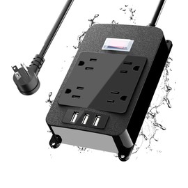 Outlet Extender, Waterproof Surge Protector Power Strip 6 Ft Cord, Outdoor Extension Cord with Multiple Outlets, 4 Wide Outlets, 3 USB Ports, Shockproof Overload Protection Black