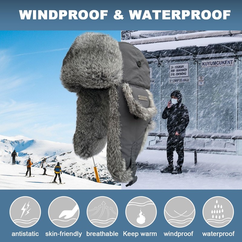 Winter Trapper Hat for Men Women 100% Real Rabbit Fur