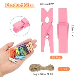 PATIKIL 1.4" Wooden Colored Clothes Pins, 50Pcs Mini Colorful Wooden Clothes Clips with 32Ft Jute Twine Strong Grip Photo Clips for Pictures Hanging Clothes Decorative Crafts, Pink