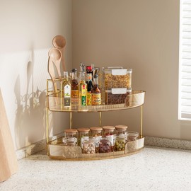 2-Tier Makeup Organizer for Vanity, Corner Bathroom Counter Storage with Makeup Brush Holder, Space-Saving Corner Organizer for Bathroom Dresser, Skin Care & Beauty Storage for Dresser - Amber