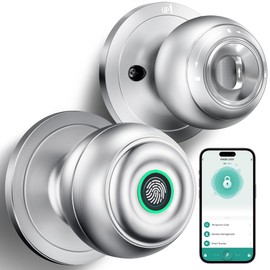 Fingerprint Door Lock, Smart Fingerprint Door Knob with Lock, Biometric Door Lock with App Control & Key, Keyless Thumbprint Entry Door Lock for Bedroom, Front Door, Home, Apartment-Silver