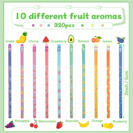 Teling 320 Pcs Scented Pencils with Eraser for Kids Graphite HB Pencils Colored Fruit Pencils Wood Pencils with Fruit Elements for Kids Party Favors Classroom Reward Christmas Stocking Fillers