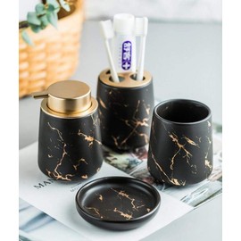3 Piece Painted Ceramics Creative Bathroom Accessories Set Durable Includes Lotion Dispenser Toothbrush Holder Soap Dish Ideas Home Gift for Ware Home Decor (Matte black（four piece）)